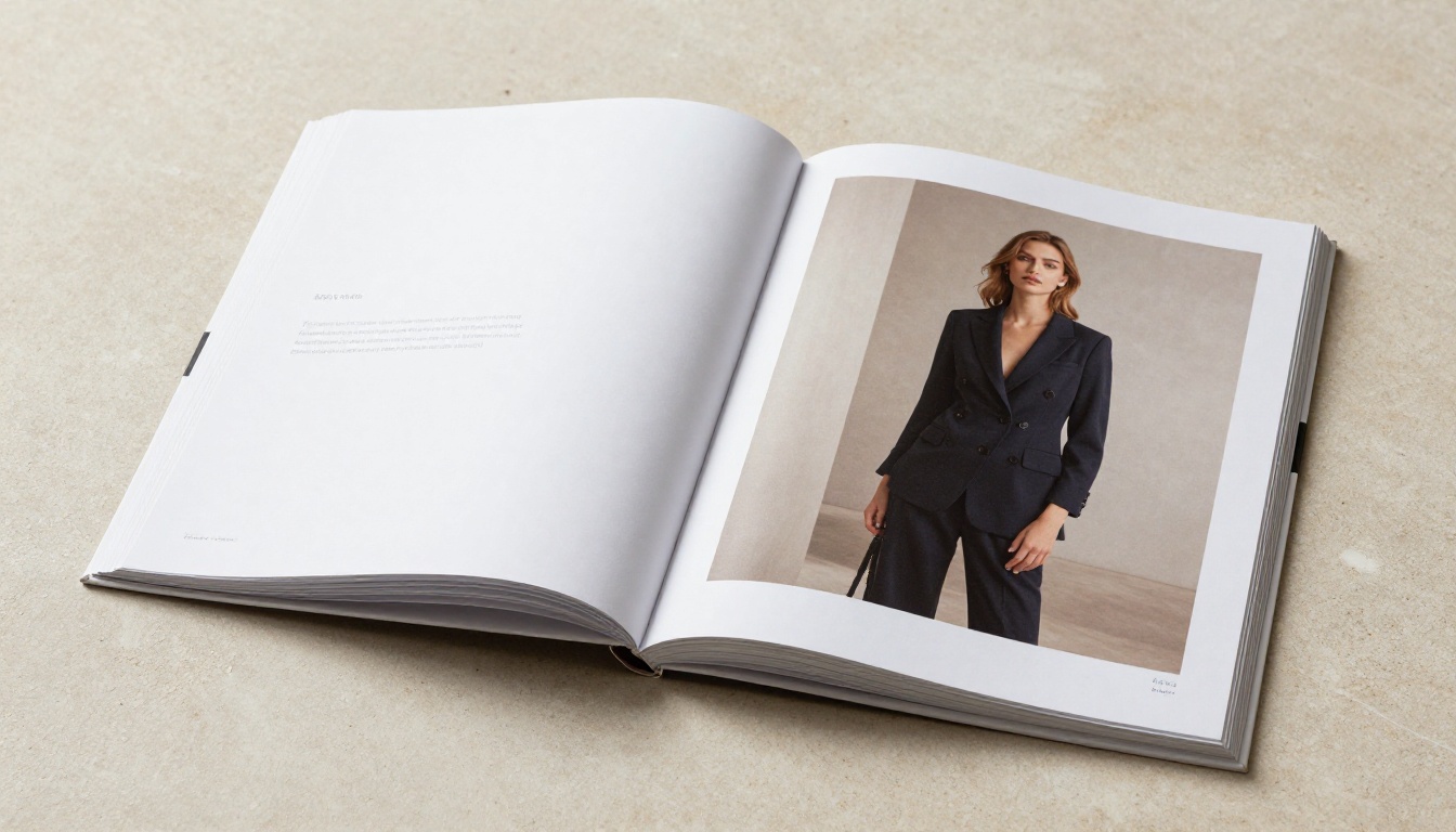 Editorial fashion lookbook spread showing two open pages of a professionally printed catalog on a light stone surface with rich product photography