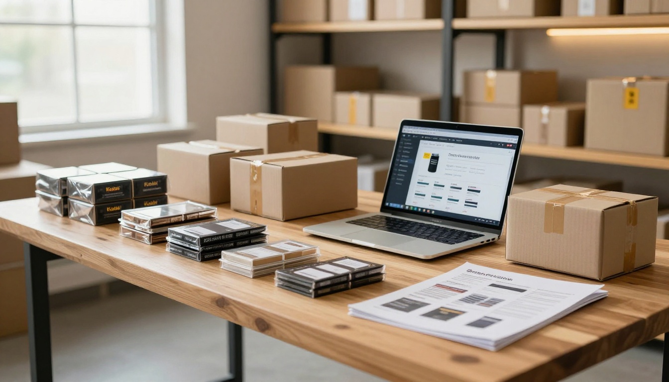 Modern e-commerce fulfillment workspace with a wooden packing table, open product catalog, laptop showing an online store dashboard, and neatly stacked shipping boxes