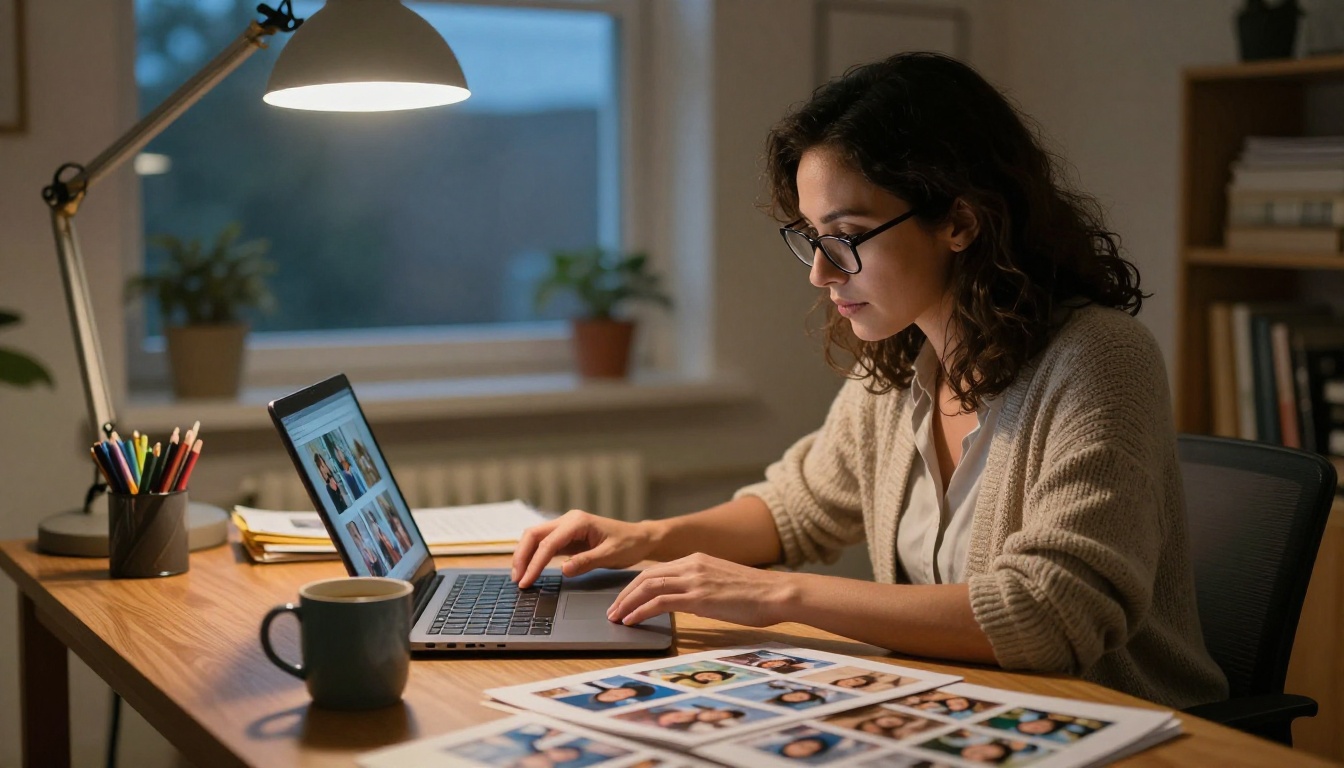 A dedicated teacher reviewing hundreds of student photos on a laptop after school hours to curate the annual yearbook A dedicated teacher reviewing hundreds of student photos on a laptop after school hours to curate the annual yearbook