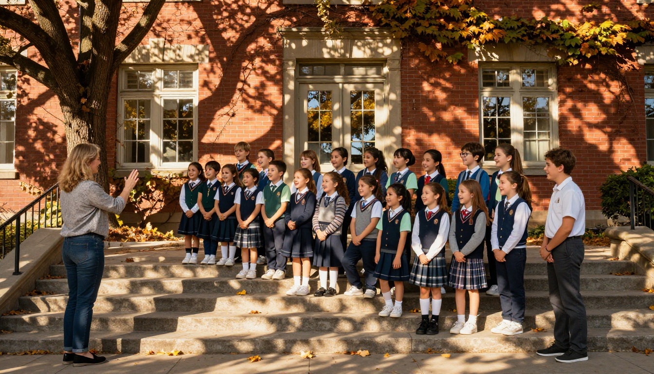 A cheerful class of students lined up on school steps for their annual class photo on a bright autumn morning A cheerful class of students lined up on school steps for their annual class photo on a bright autumn morning