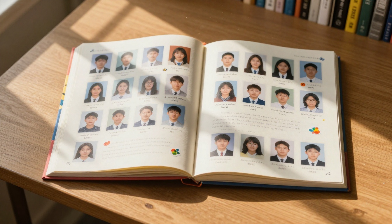 A beautifully open yearbook spread across a wooden library table showing student portraits and colorful page designs A beautifully open yearbook spread across a wooden library table showing student portraits and colorful page designs
