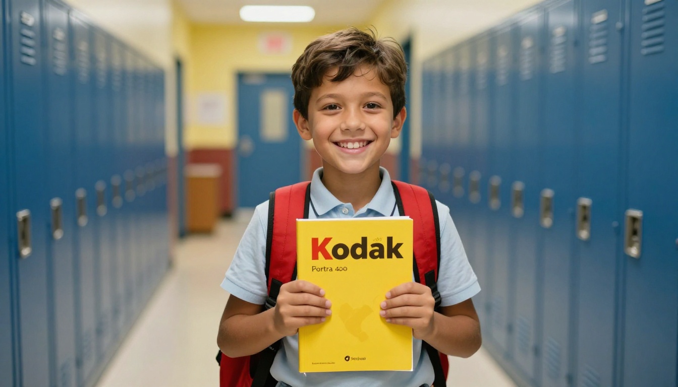 A young student holding up his school yearbook with a big grin standing in a hallway lined with blue lockers A young student holding up his school yearbook with a big grin standing in a hallway lined with blue lockers