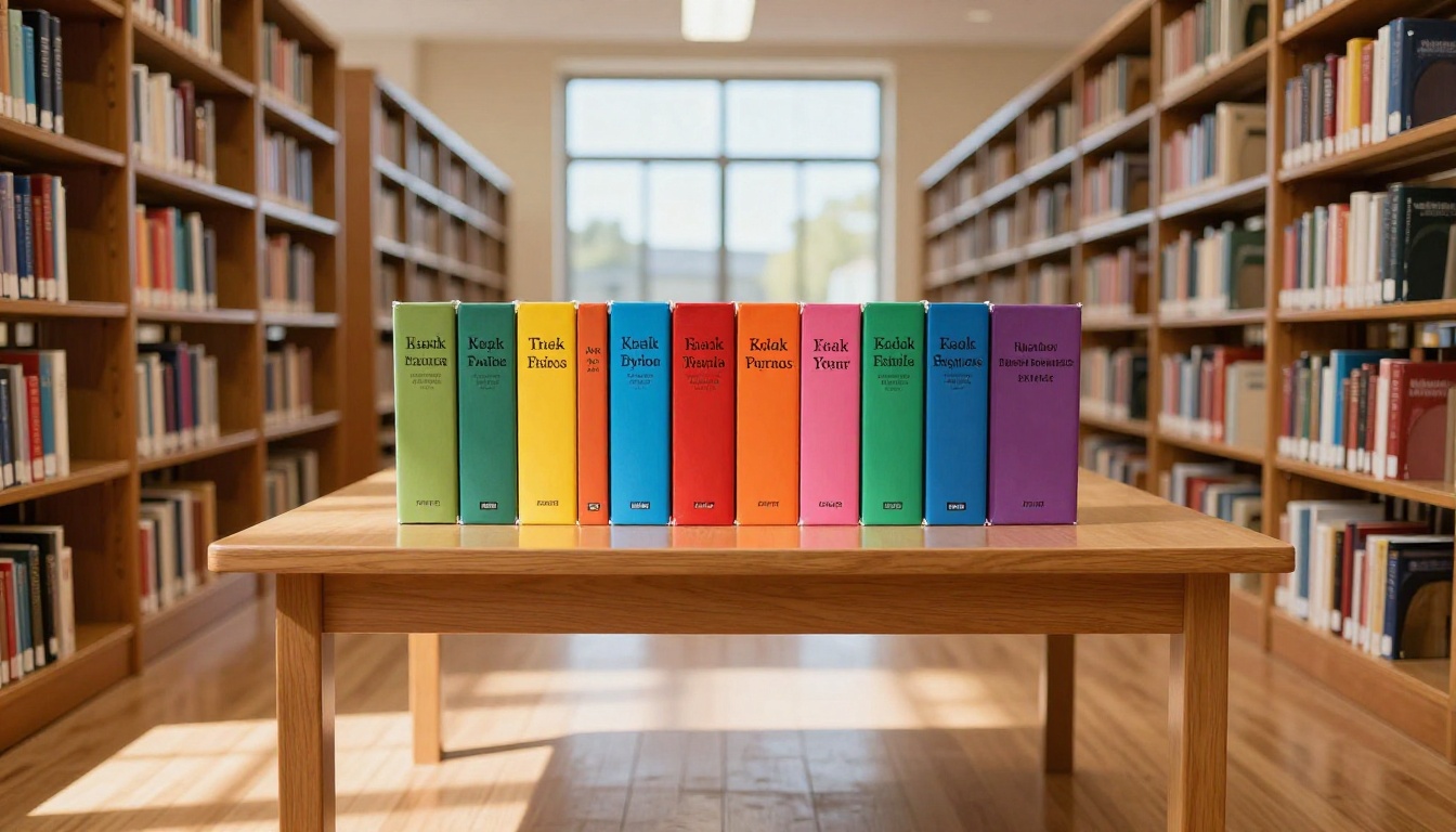 A neat row of colorful school yearbooks standing upright on a library display table, each spine a different vibrant color representing different school years A neat row of colorful school yearbooks standing upright on a library display table, each spine a different vibrant color representing different school years