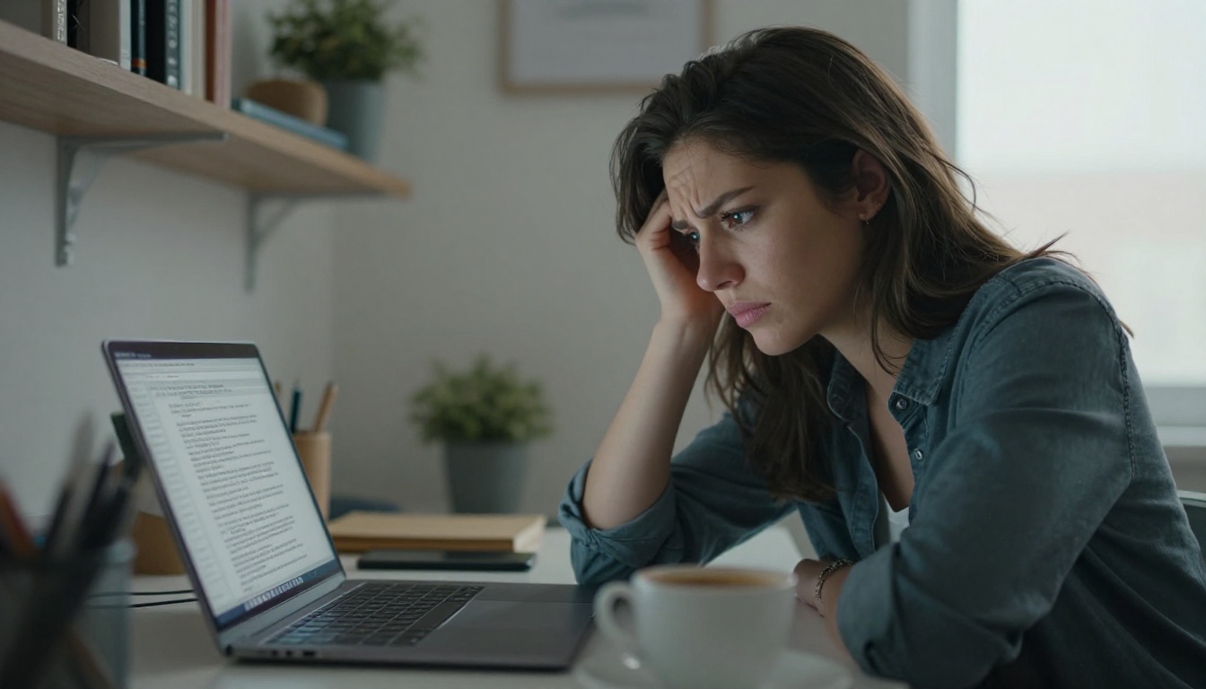 Frustrated professional staring at a boring PDF on laptop screen Frustrated professional staring at a boring PDF on laptop screen