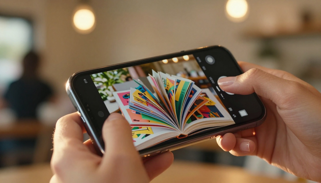 Mobile phone showing an interactive digital flipbook with page-turning animation Mobile phone showing an interactive digital flipbook with page-turning animation