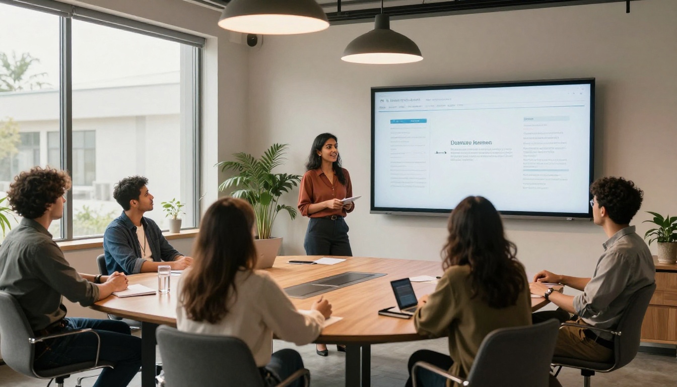 Startup team presenting a digital flipbook on a large screen in a conference room Startup team presenting a digital flipbook on a large screen in a conference room