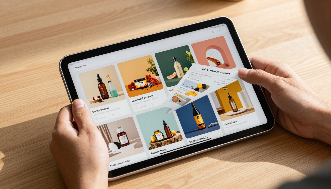 Hands holding an iPad displaying a colorful digital product catalog flipbook Hands holding an iPad displaying a colorful digital product catalog flipbook
