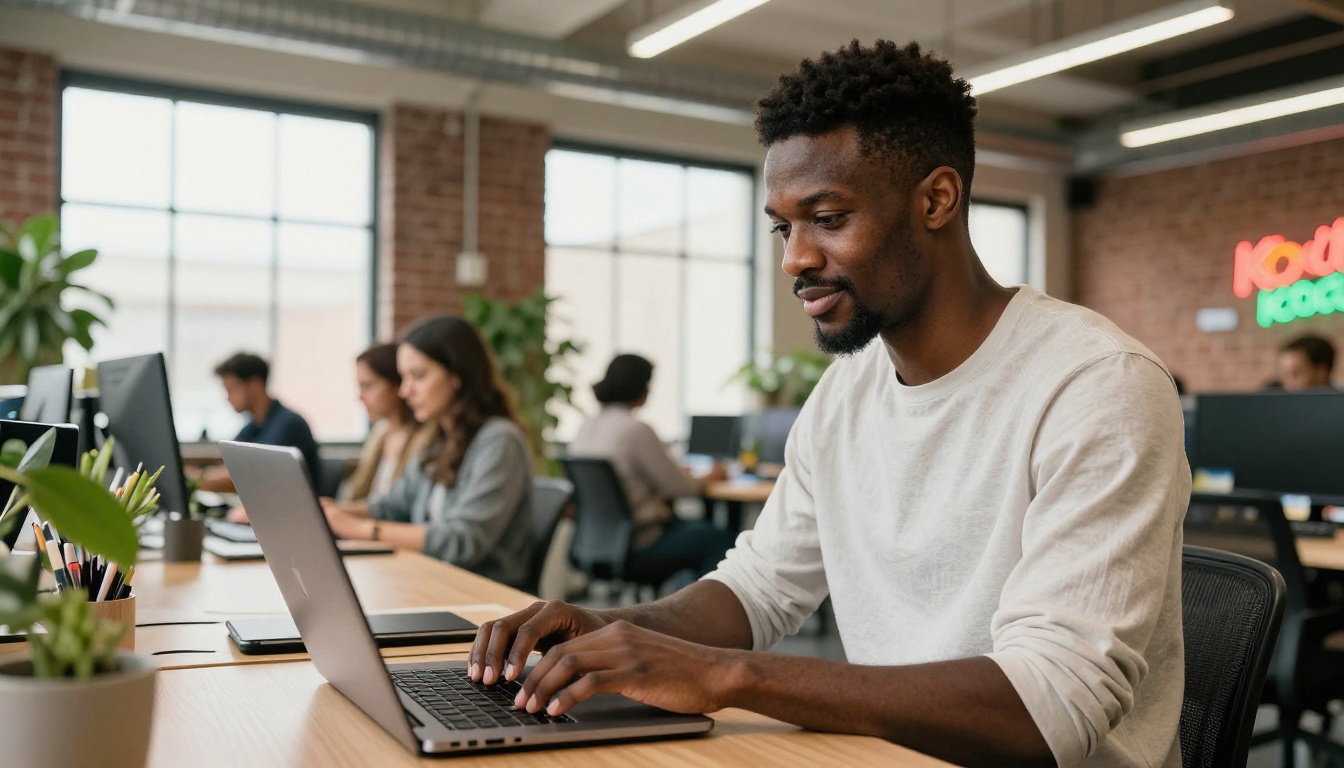 Confident entrepreneur working at a standing desk in a vibrant co-working startup space Confident entrepreneur working at a standing desk in a vibrant co-working startup space