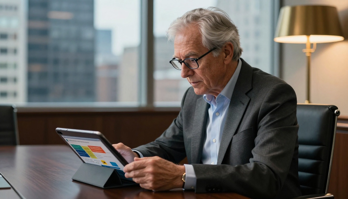 Investor reviewing startup pitch materials on a tablet in a premium boardroom setting Investor reviewing startup pitch materials on a tablet in a premium boardroom setting