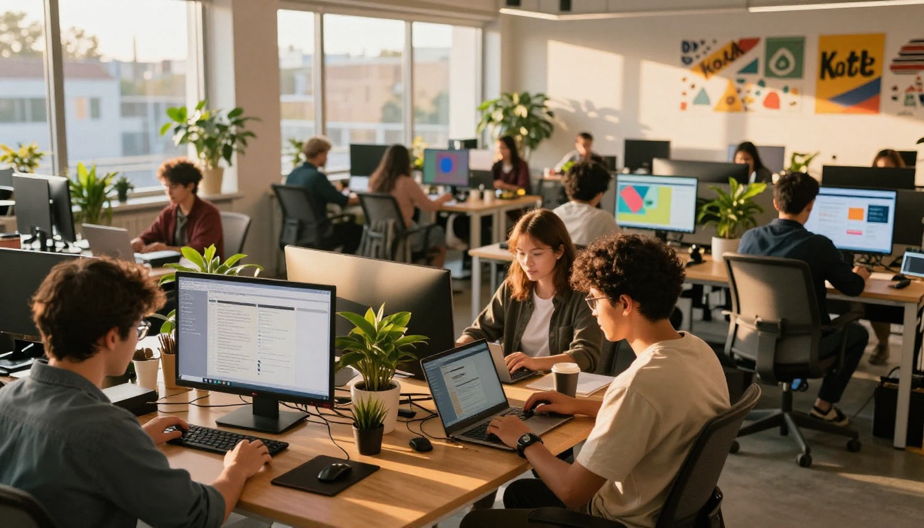 Wide shot of a vibrant modern startup office with team members working on digital devices Wide shot of a vibrant modern startup office with team members working on digital devices