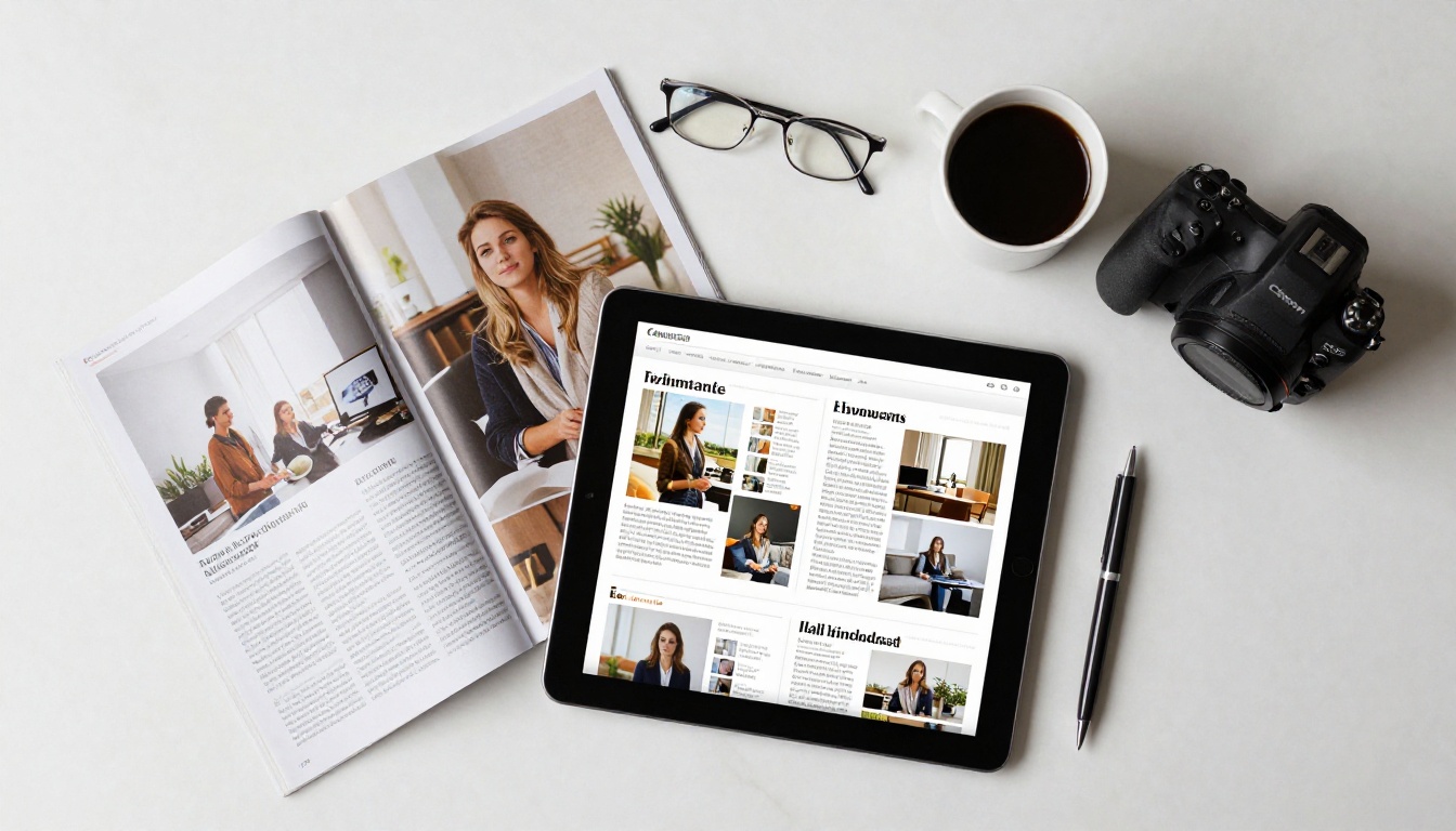 Professional workspace showing printed magazine pages alongside a digital version on a tablet