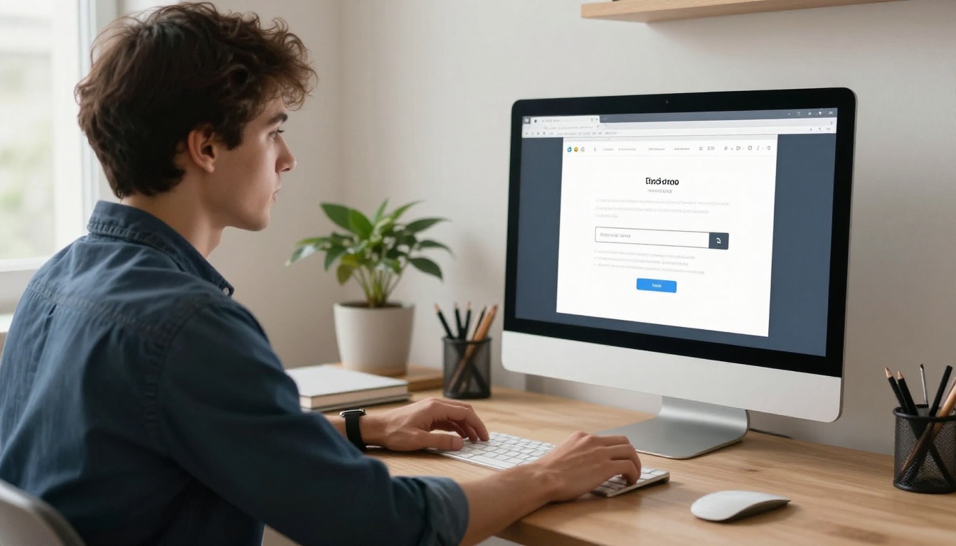 Person uploading a PDF file via drag-and-drop interface on a large monitor in a minimalist home office