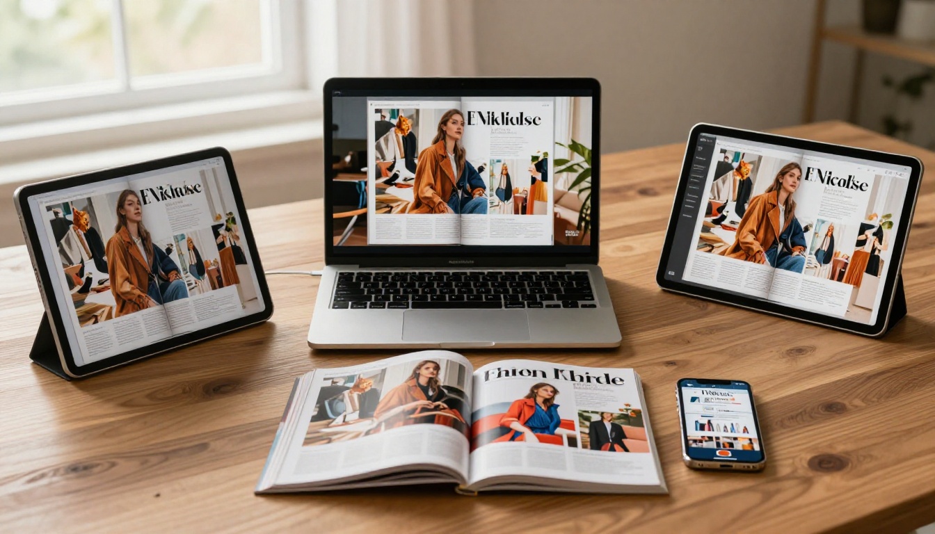 Digital magazine displayed across laptop, tablet, and smartphone devices on a warm wood table