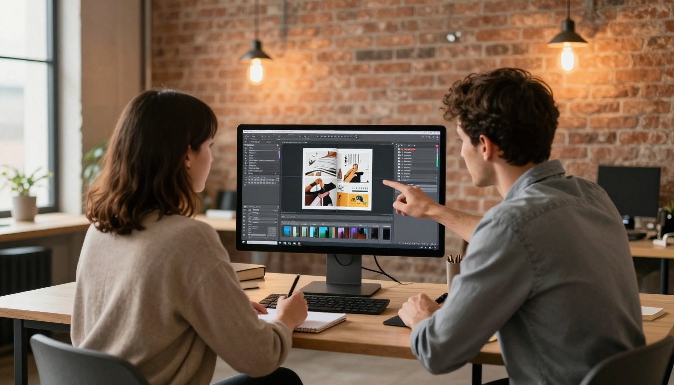 Two professionals collaborating over a magazine layout on a widescreen monitor in a studio with brick walls