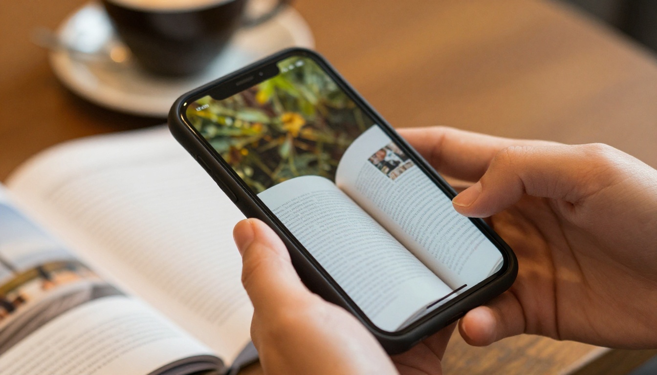 Woman's hands holding a smartphone displaying a digital magazine with page-turn animation in a warm cafe setting