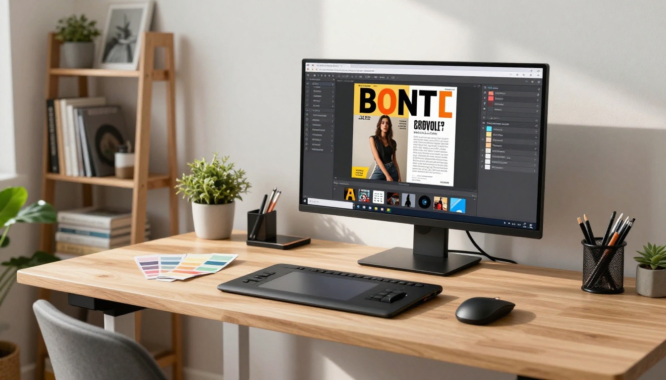 Graphic designer working on a magazine front page design at a home office with a large color-calibrated monitor