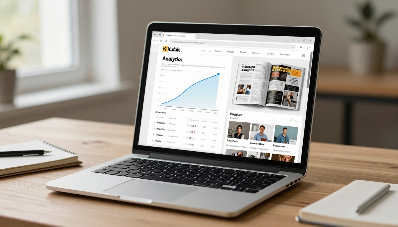 Analytics dashboard on a laptop showing magazine page views, reader activity metrics, and a live flipbook preview