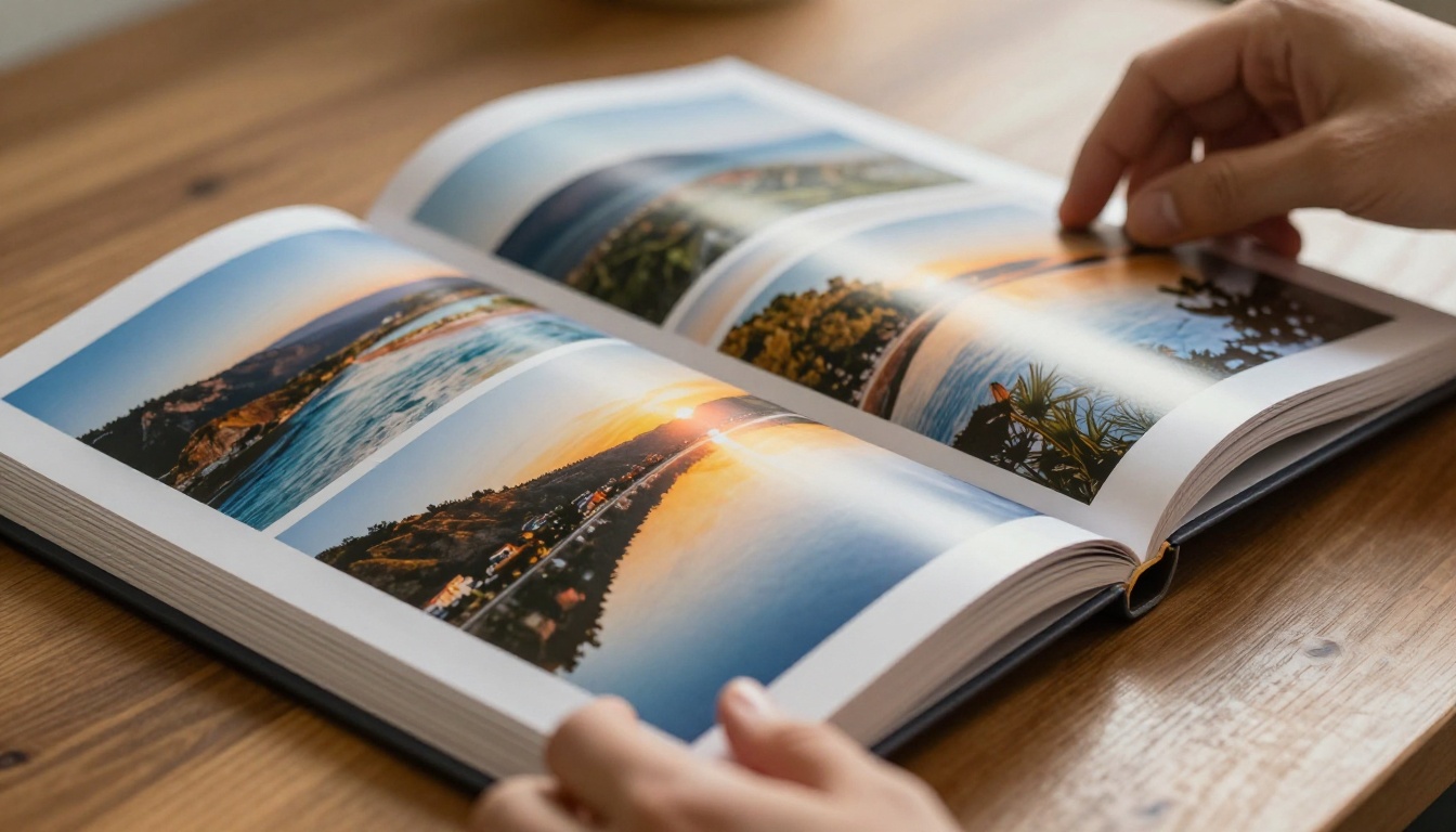 Hands mid-flip through a thick photo album showing colorful travel photographs on a warm wooden table in afternoon light