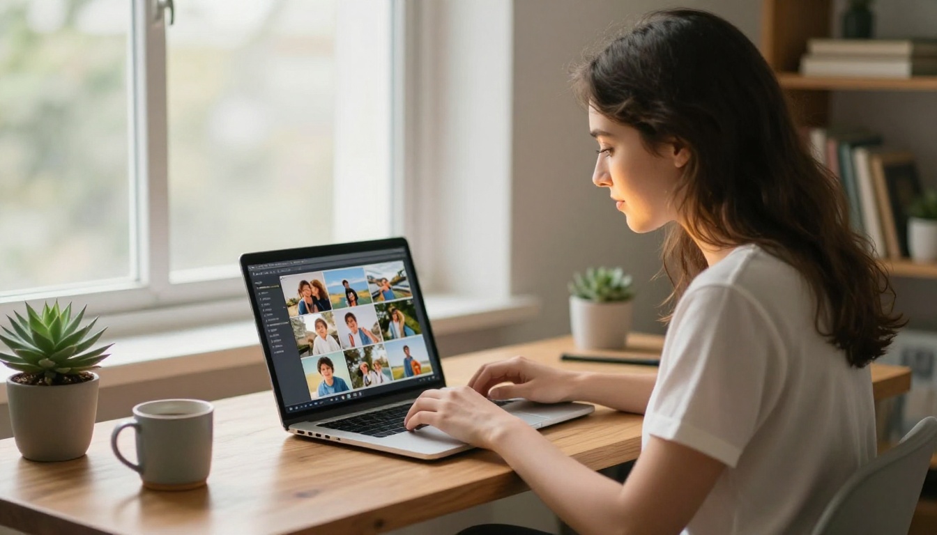 A young woman sitting at a minimal home desk with a laptop displaying a digital flipbook interface showing travel and family photos