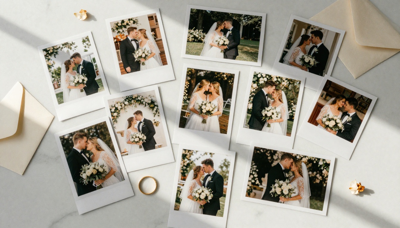 Aerial flat-lay of wedding photographs on a pristine white marble surface with flower petals and a cream envelope