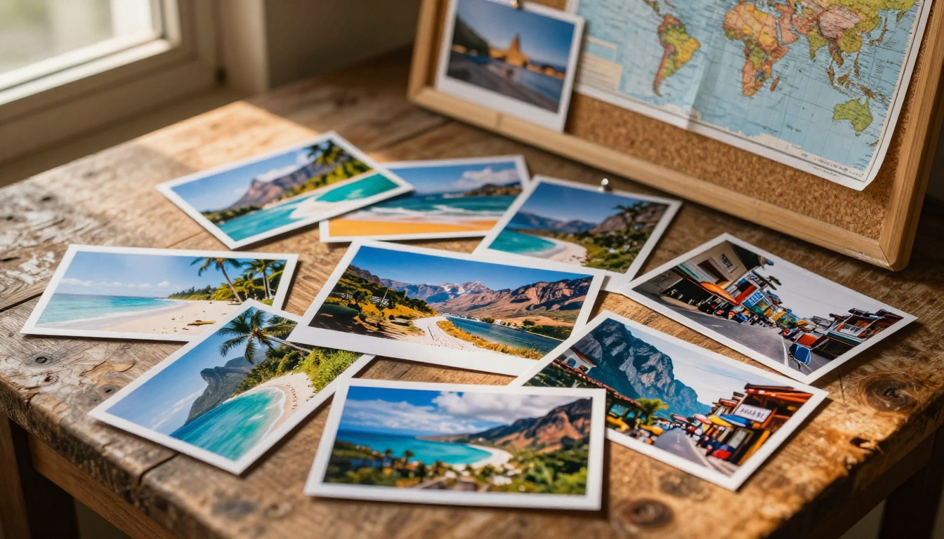 A curated collection of travel photographs spread across a rustic wooden table with a corkboard and folded world map in the background