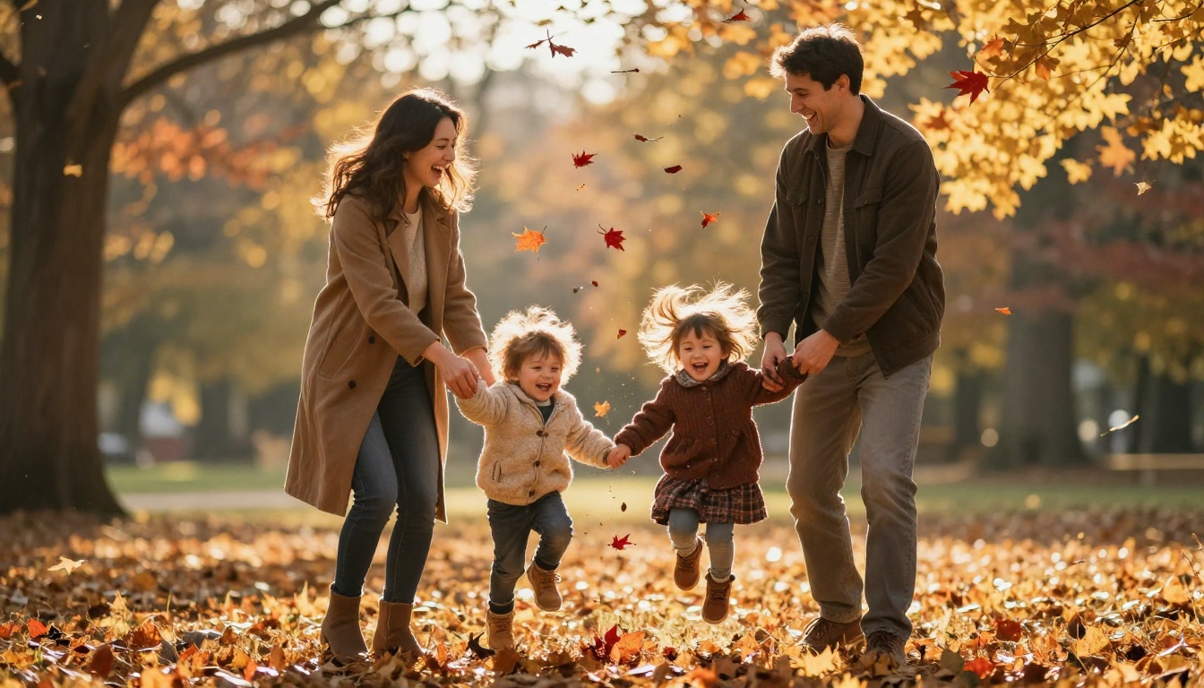 A joyful family of four laughing in a golden autumn park with fall leaves swirling around them in warm backlight