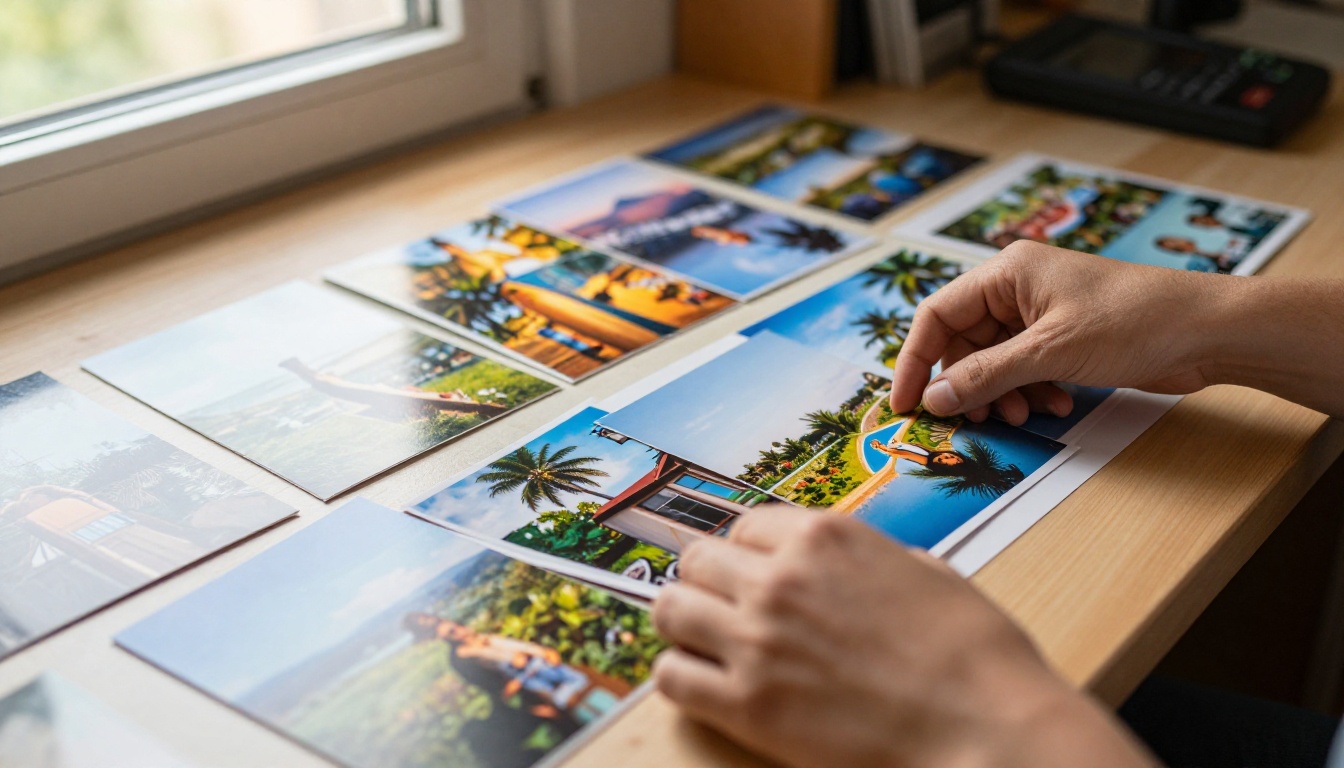 A person's hands carefully arranging printed photographs on a light table to organize them into a visual sequence
