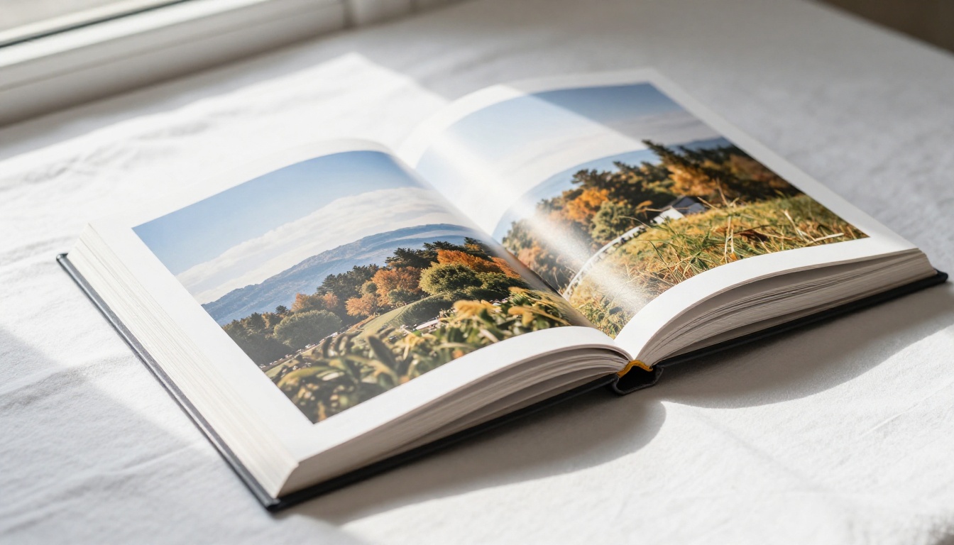 A beautiful hardcover photo album resting open on white linen showing professional landscape photography on thick matte pages