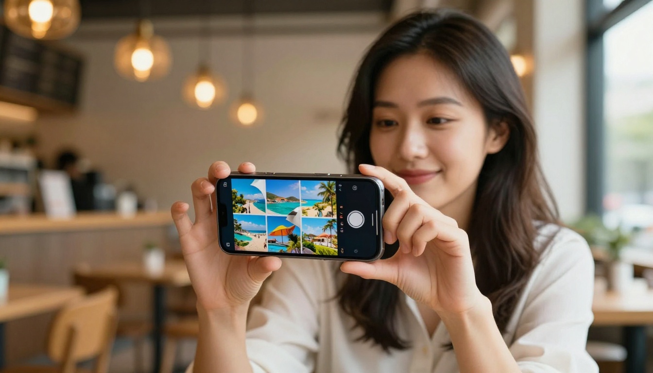 A woman in a bright airy cafe holding a smartphone showing a digital flipbook page mid-flip with vacation photos on screen