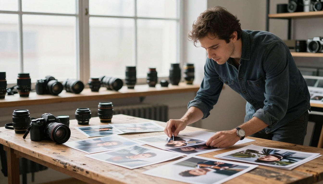 A professional photographer in a studio reviewing portfolio prints on a large wooden desk with camera equipment soft in the background