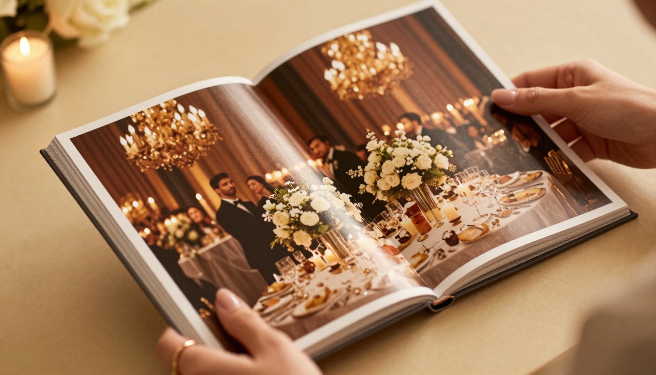 Close-up of hands turning the page of a fundraising flipbook at a charity gala