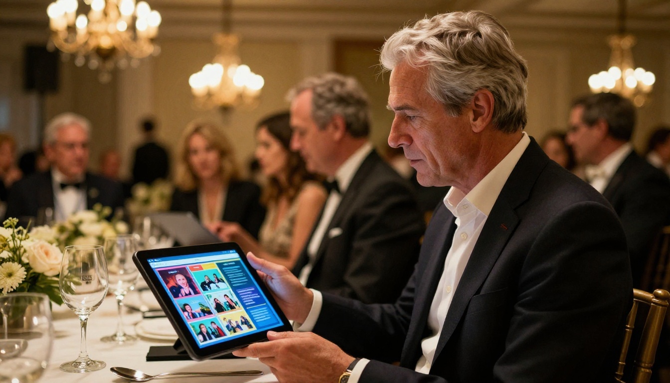 Donor reading an interactive fundraising flipbook on a tablet at a charity auction