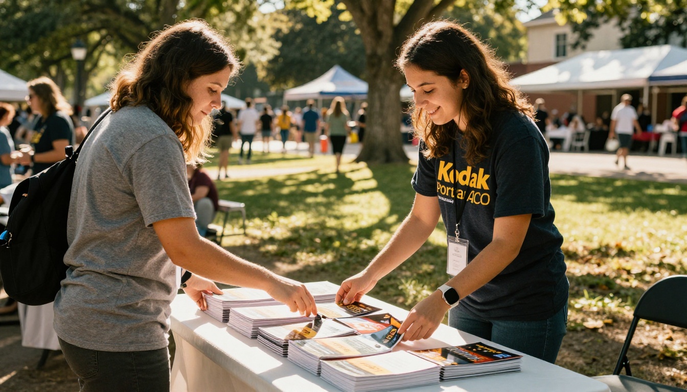 Nonprofit volunteer arranging fundraising flipbooks on an outdoor event table