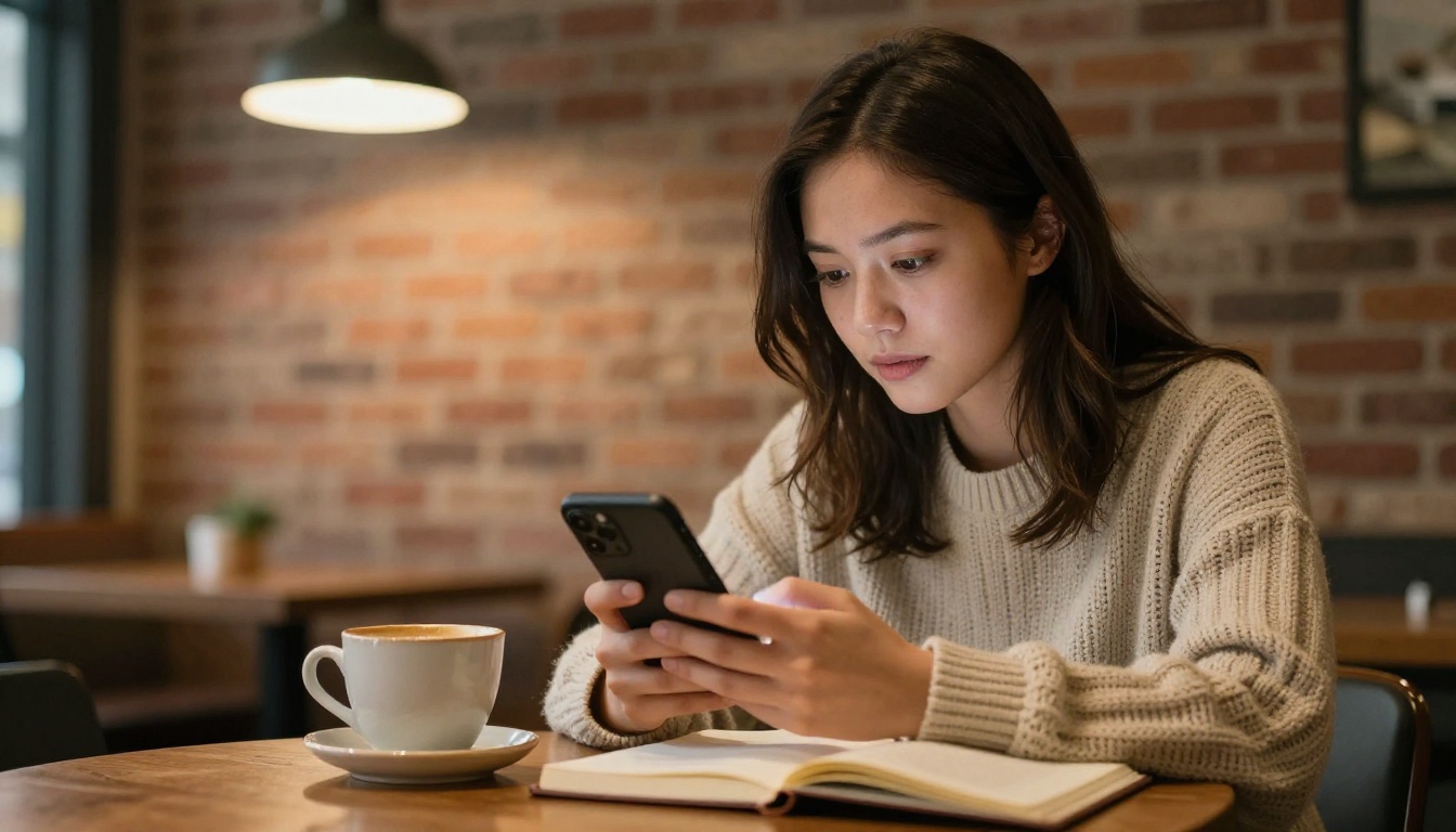 Young woman scrolling through a fundraising flipbook on her smartphone at a coffee shop