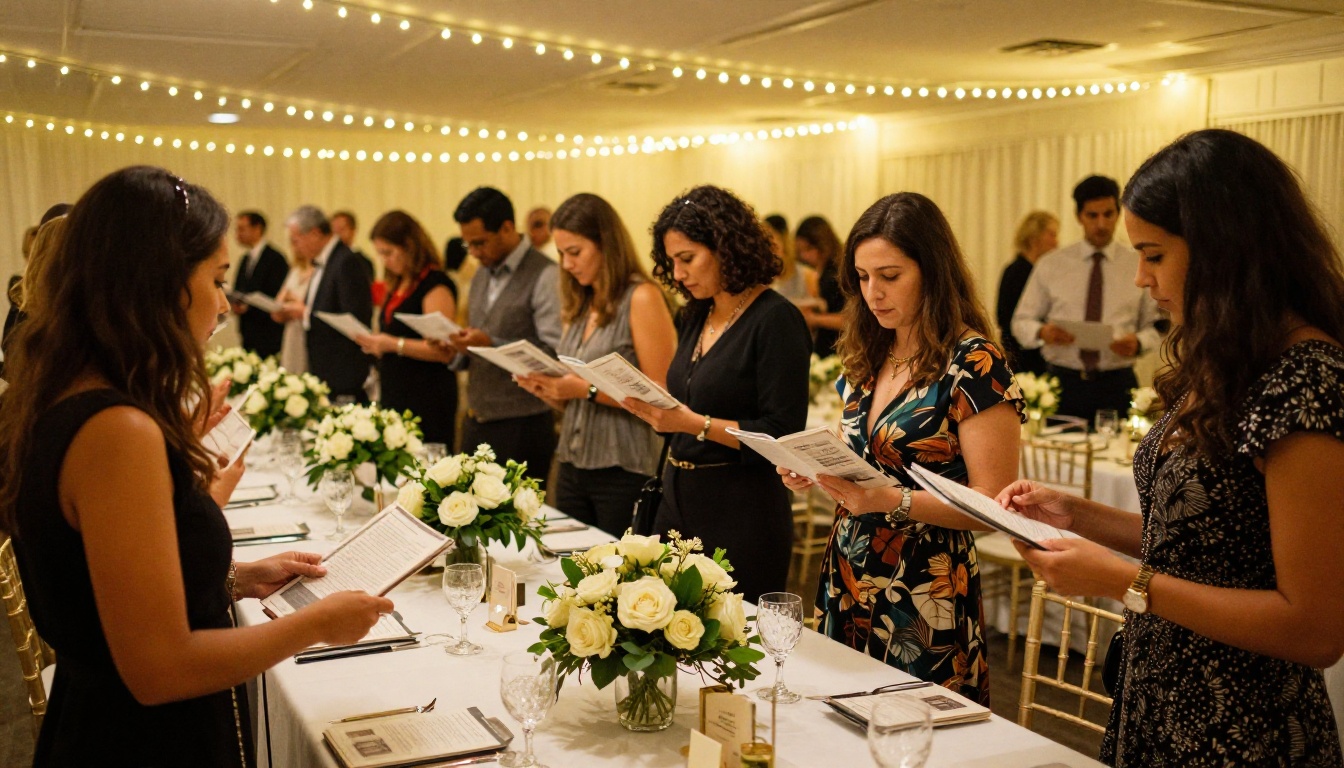 Elegantly dressed attendees at a charity gala reviewing fundraising flipbooks