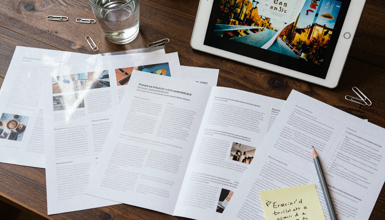 Aerial view of a creative desk with printed brochures alongside a tablet showing a digital flipbook page-curl Aerial view of a creative desk with printed brochures alongside a tablet showing a digital flipbook page-curl