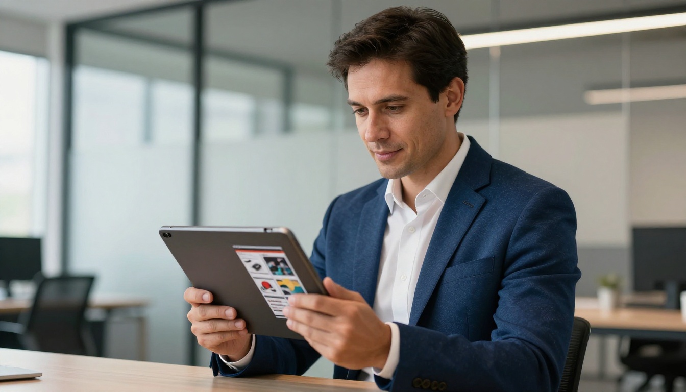 A business professional reviewing a product catalog flipbook on a tablet in a modern open-plan office A business professional reviewing a product catalog flipbook on a tablet in a modern open-plan office
