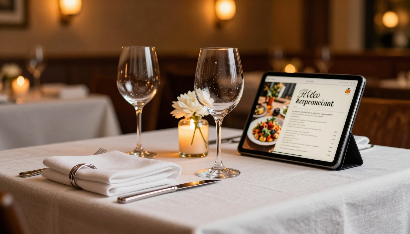 A restaurant dining table with a tablet showing a digital menu flipbook in warm candlelight, linen tablecloth texture A restaurant dining table with a tablet showing a digital menu flipbook in warm candlelight, linen tablecloth texture