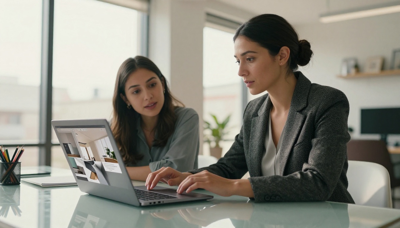 A real estate agent showing a property brochure flipbook on a laptop to a couple in a bright modern office A real estate agent showing a property brochure flipbook on a laptop to a couple in a bright modern office