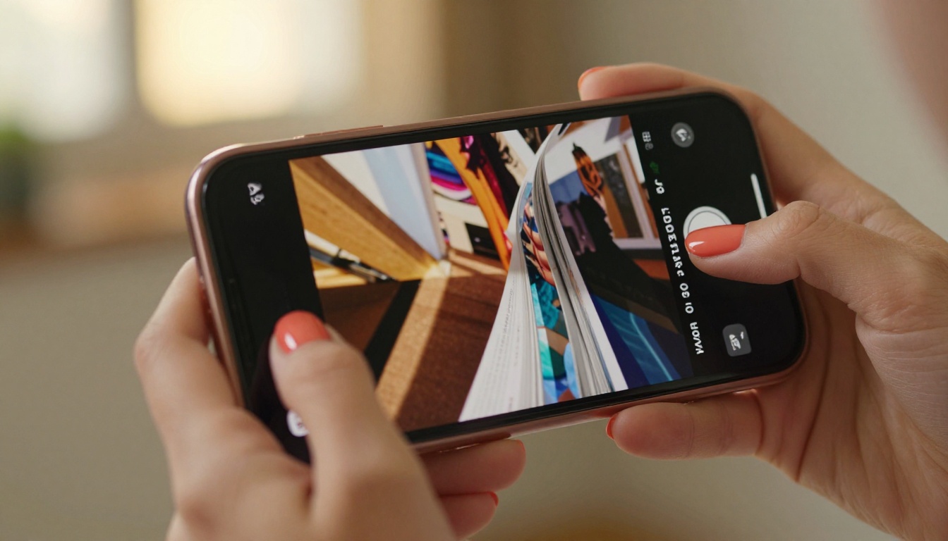 A close-up of hands holding a smartphone displaying a vibrant magazine-style flipbook mid-page-turn A close-up of hands holding a smartphone displaying a vibrant magazine-style flipbook mid-page-turn