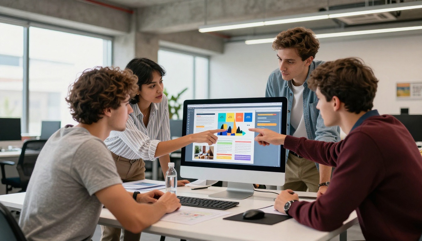 A marketing team gathered around a large monitor reviewing an interactive digital publication in a bright agency office A marketing team gathered around a large monitor reviewing an interactive digital publication in a bright agency office