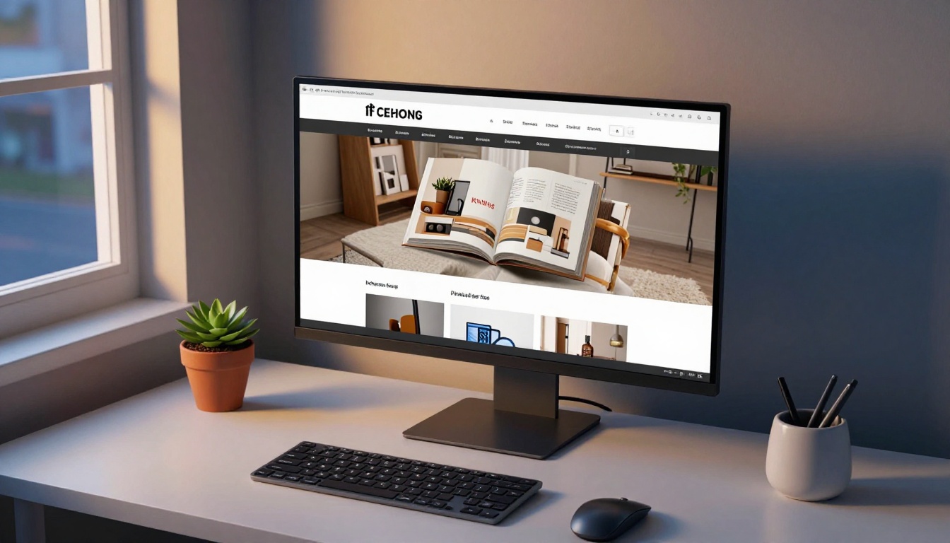 A desktop workstation with a large monitor displaying an e-commerce product catalog as a digital flipbook at blue hour A desktop workstation with a large monitor displaying an e-commerce product catalog as a digital flipbook at blue hour