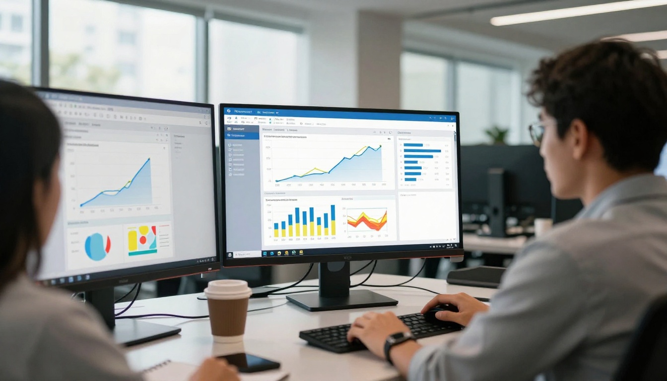 Marketing team of three reviewing digital catalog analytics dashboard on large office monitor Marketing team of three reviewing digital catalog analytics dashboard on large office monitor