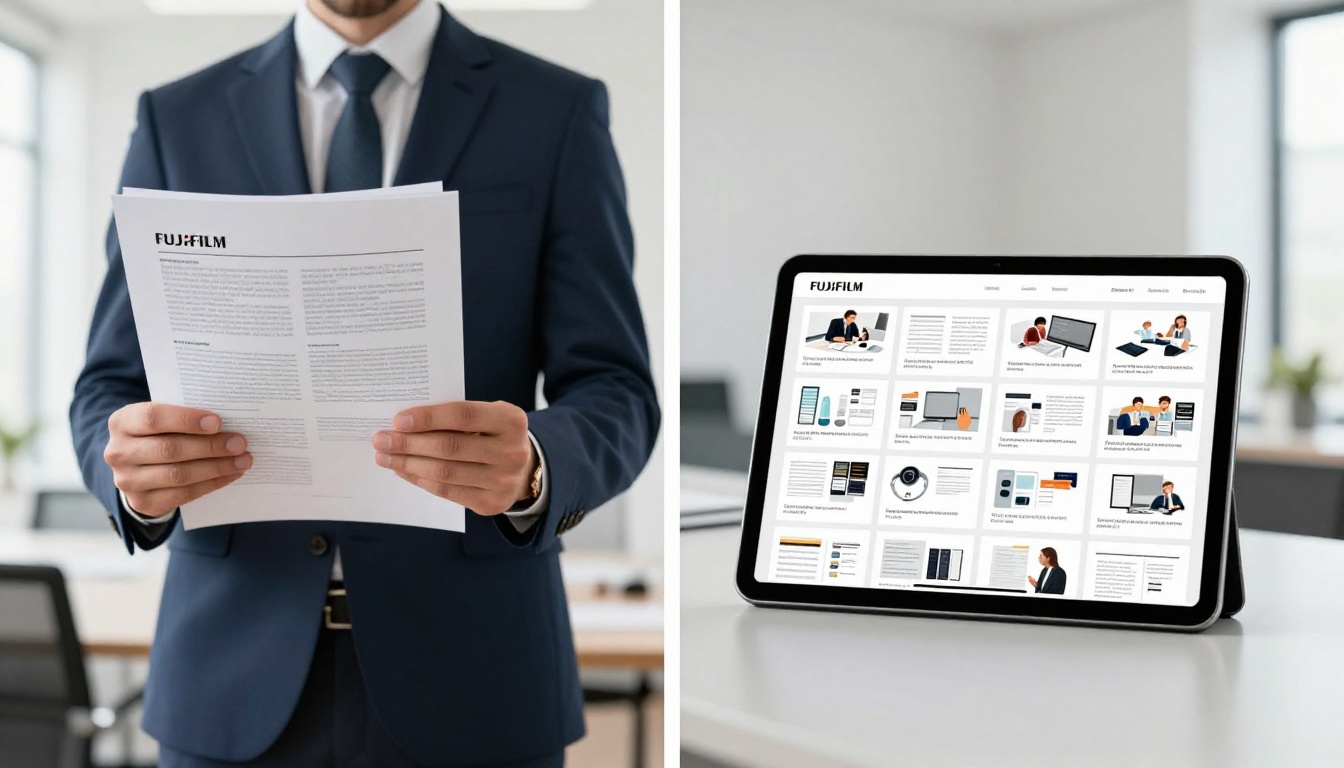 Businessman holding printed paper catalog on one side and tablet showing digital version on the other Businessman holding printed paper catalog on one side and tablet showing digital version on the other