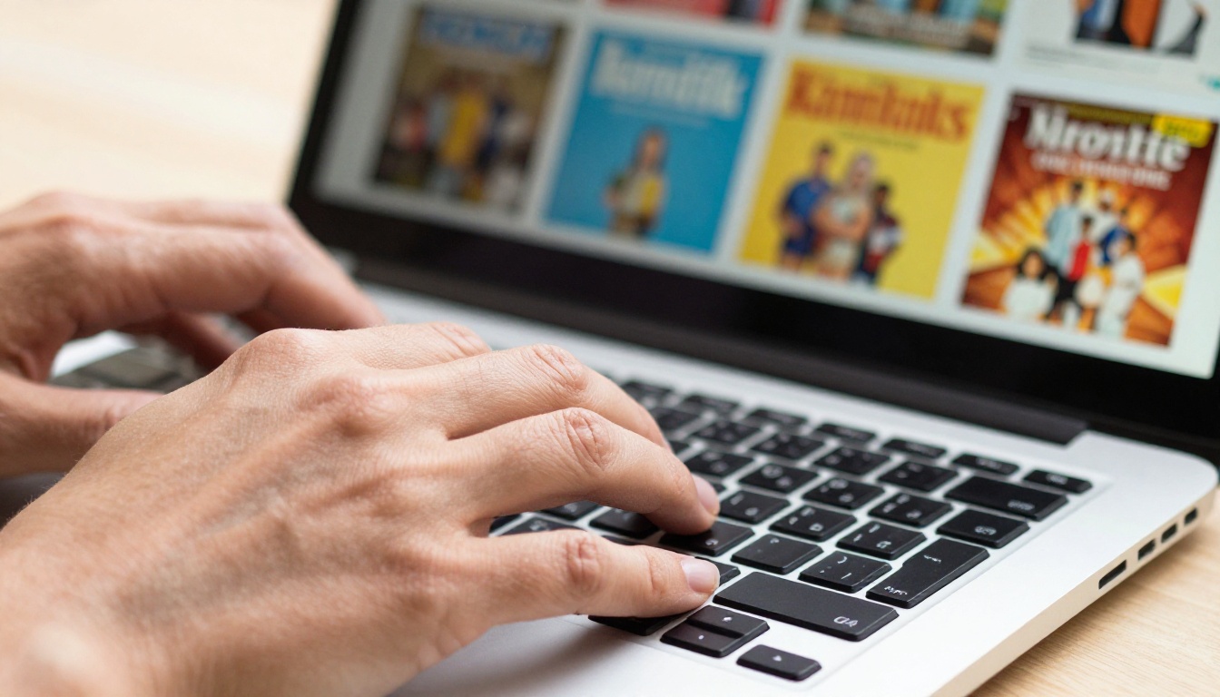 Close-up of hands on a laptop keyboard with a colorful flipbook template gallery on screen