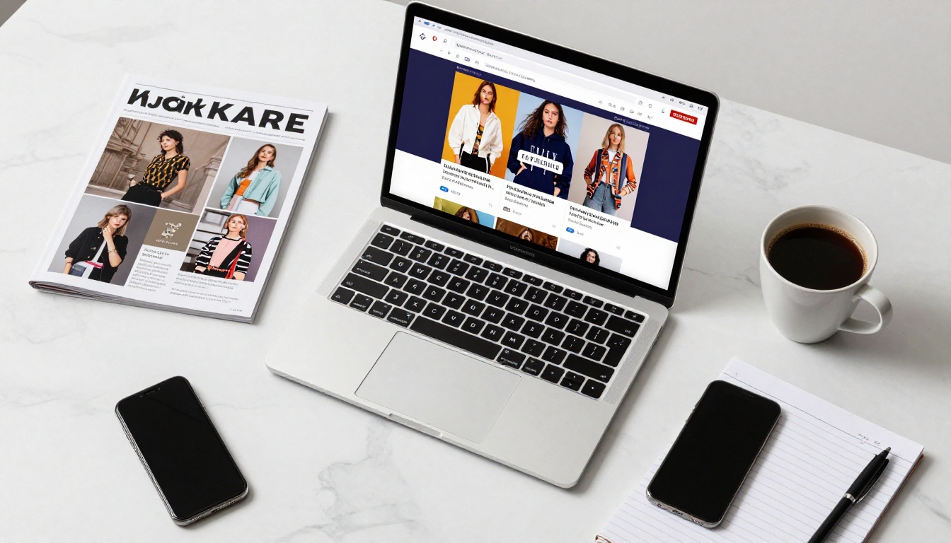 Aerial flat-lay of modern desk with open laptop showing digital catalog alongside closed paper magazine and coffee Aerial flat-lay of modern desk with open laptop showing digital catalog alongside closed paper magazine and coffee