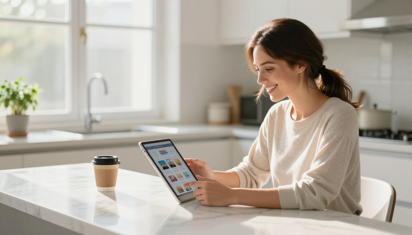 Woman browsing flipbook templates on an iPad in a bright kitchen