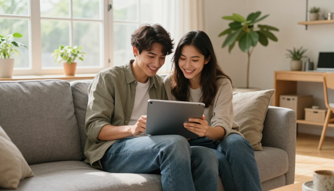 Young couple on gray sofa sharing tablet browsing digital furniture catalog in bright Scandinavian living room Young couple on gray sofa sharing tablet browsing digital furniture catalog in bright Scandinavian living room