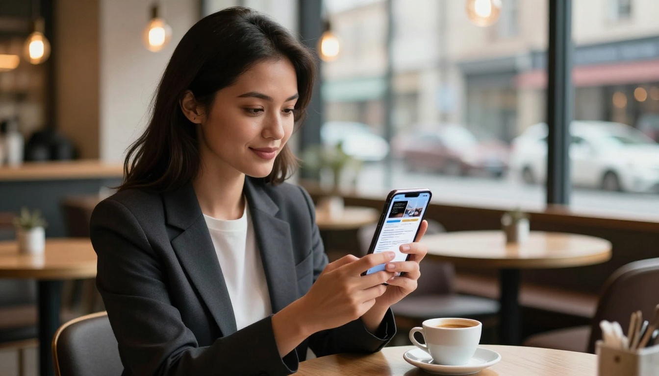 Businesswoman reviewing a digital catalog flipbook on smartphone at a cafe table