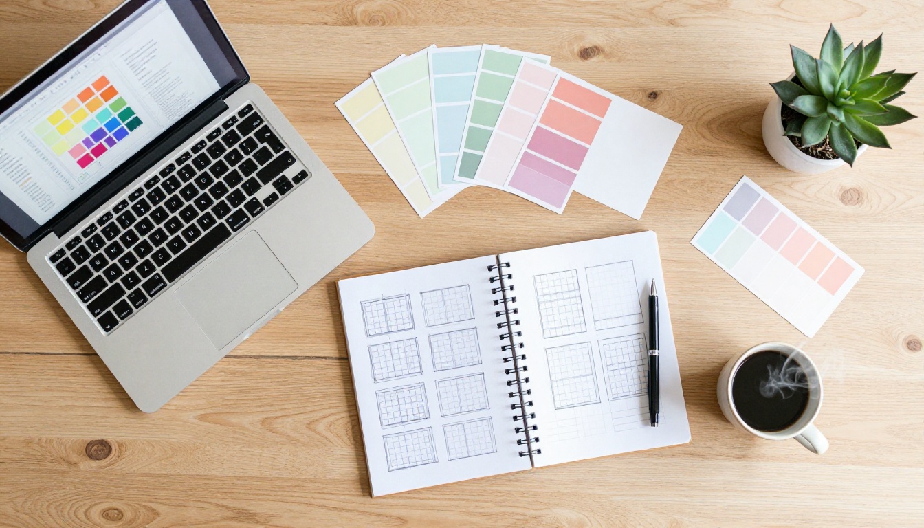 Aerial overhead flat lay of a desk with design sketches, color swatches, and an open laptop with a flipbook editor
